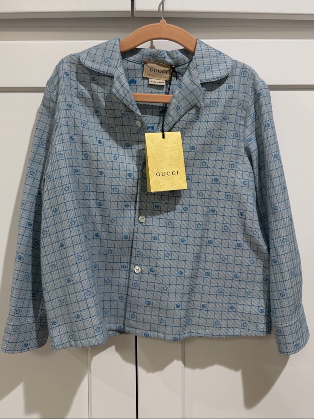 Gucci Kid's Light Blue Checked Button-Down Shirt with Subtle Logo Size 36
